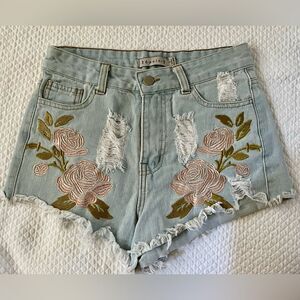 36 Point 5 Distressed Floral Embroidered Cut-Off Distressed Denim Shorts SZ S